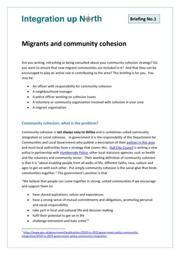 Briefing 1 - Migrants and Community Cohesion